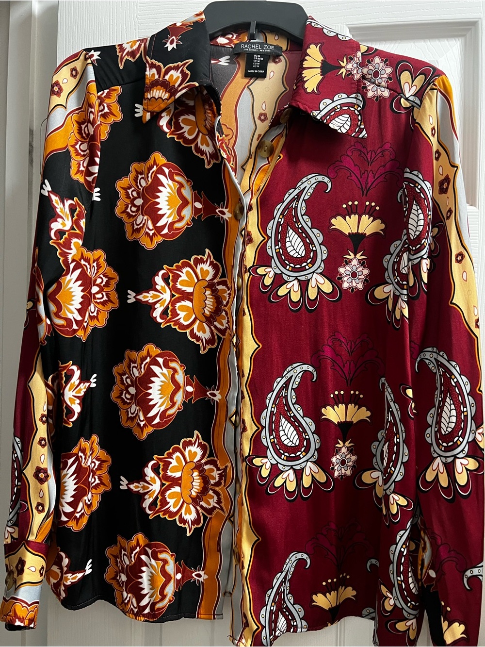 Rachel Zoe Mixed Paisley & Floral Button-Up Shirt - Black, Burgundy & Gold